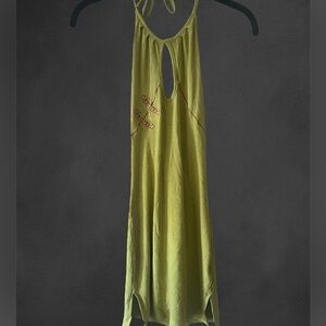 Lime green mini halter top dress with cut out detail and red accents #y2kfashion